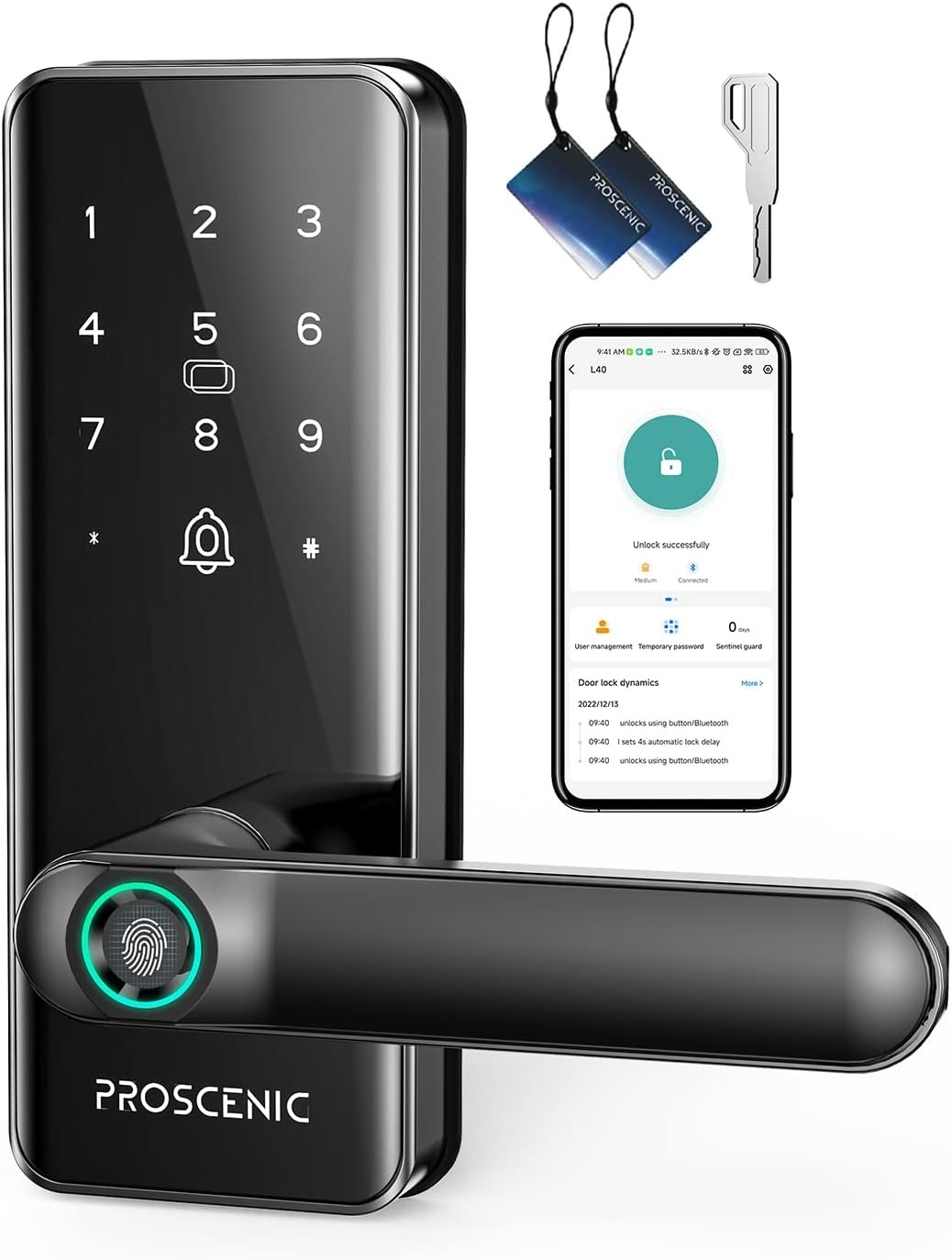 Smart Door Lock, Proscenic Keyless Entry Door Lock with Handle, Fingerprint Door Locks Support WiFi & Bluetooth, Touchscreen Electronic Door Locks with Keypads for Front Door,Bedroom,Home,Hotel,Airbnb
