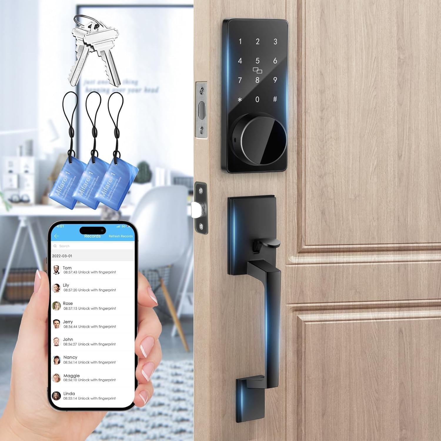 4 in 1 Smart Front Door Lock Set, Keyless Entry Door Lock with Handle, Touchscreen Keypad Deadbolt, Works with App, Auto-Lock, Code Door Lock, Easy Installation
