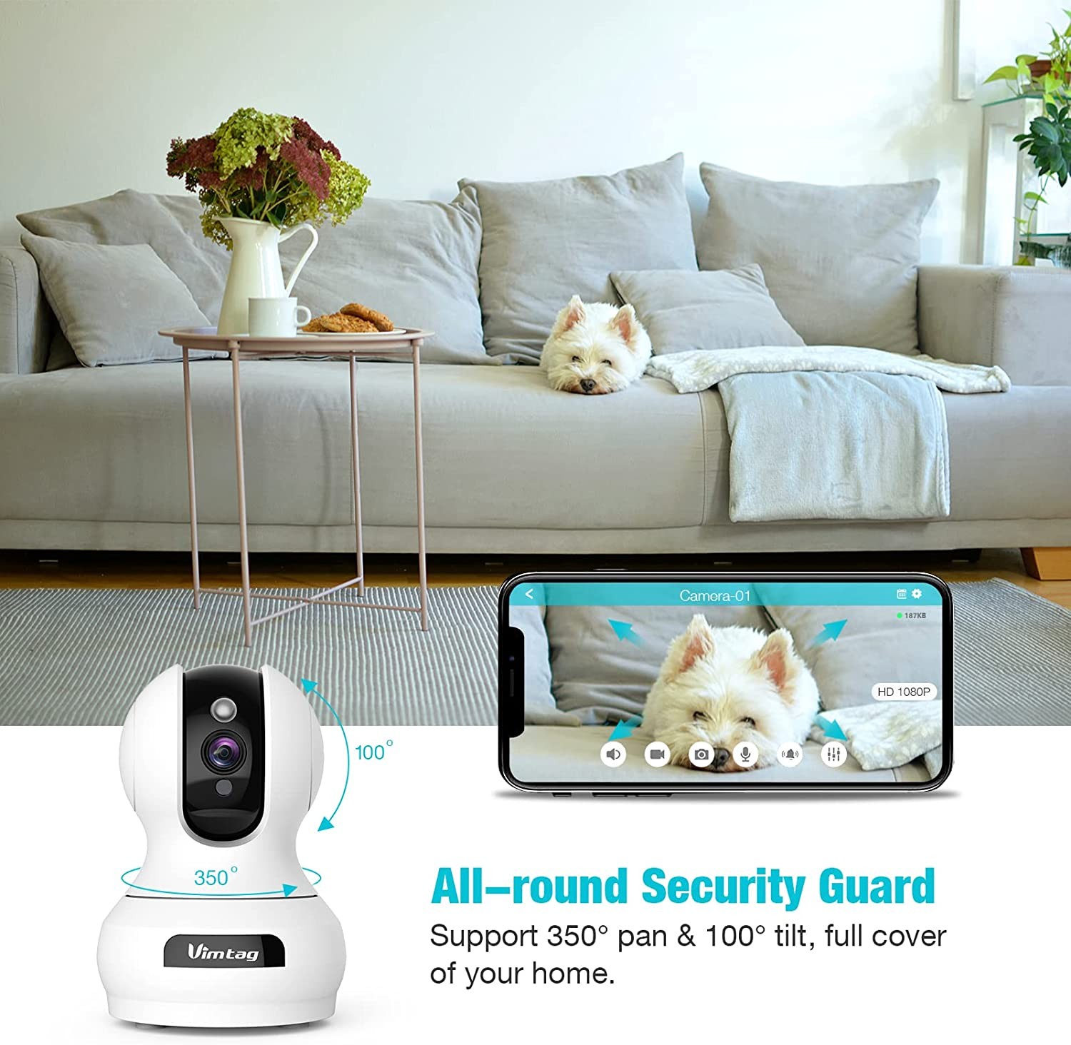 Pet Camera, Vimtag Indoor Camera with 1080P Night Vision, Moving& Sound Detection for Baby/Dog Monitor, Two Way Talk, Cloud/Local Storage, Live Video, WiFi Connect, Works with Alexa for Home
