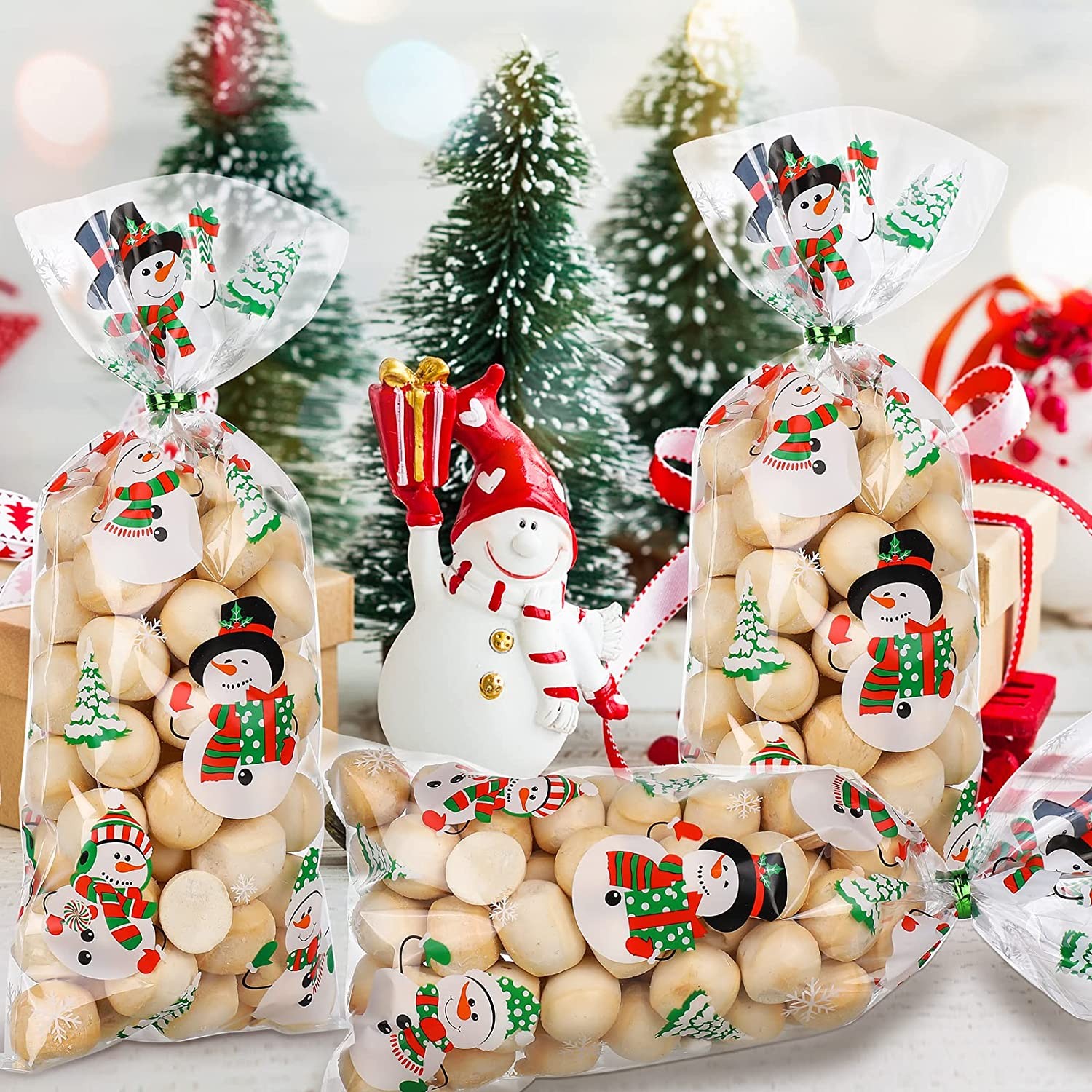 100 Pcs Christmas Cellophane Bags Snowman Treat Bags Transparent Christmas Goody Bags Xmas Cello Bags Christmas Cookie Bags with Ties Xmas Plastic Candy Bags for Winter Holiday Christmas Party Supply