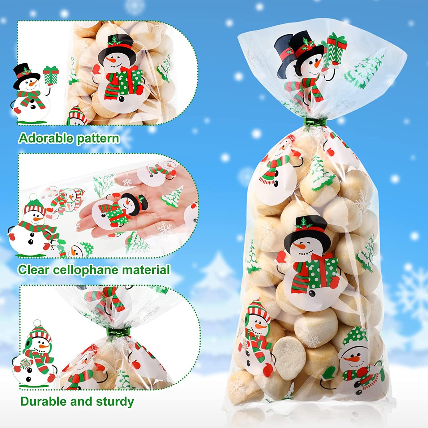 100 Pcs Christmas Cellophane Bags Snowman Treat Bags Transparent Christmas Goody Bags Xmas Cello Bags Christmas Cookie Bags with Ties Xmas Plastic Candy Bags for Winter Holiday Christmas Party Supply
