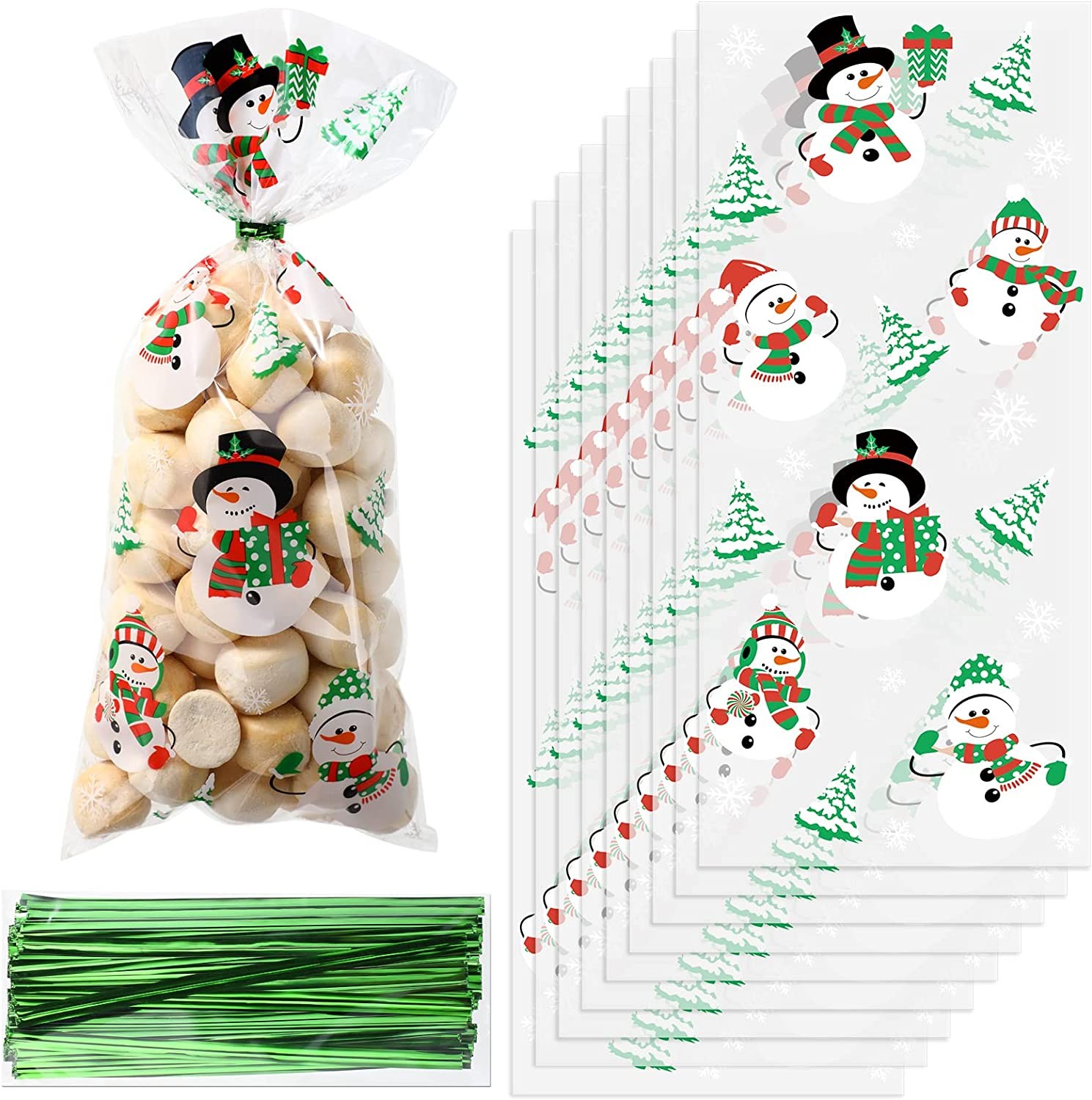 100 Pcs Christmas Cellophane Bags Snowman Treat Bags Transparent Christmas Goody Bags Xmas Cello Bags Christmas Cookie Bags with Ties Xmas Plastic Candy Bags for Winter Holiday Christmas Party Supply