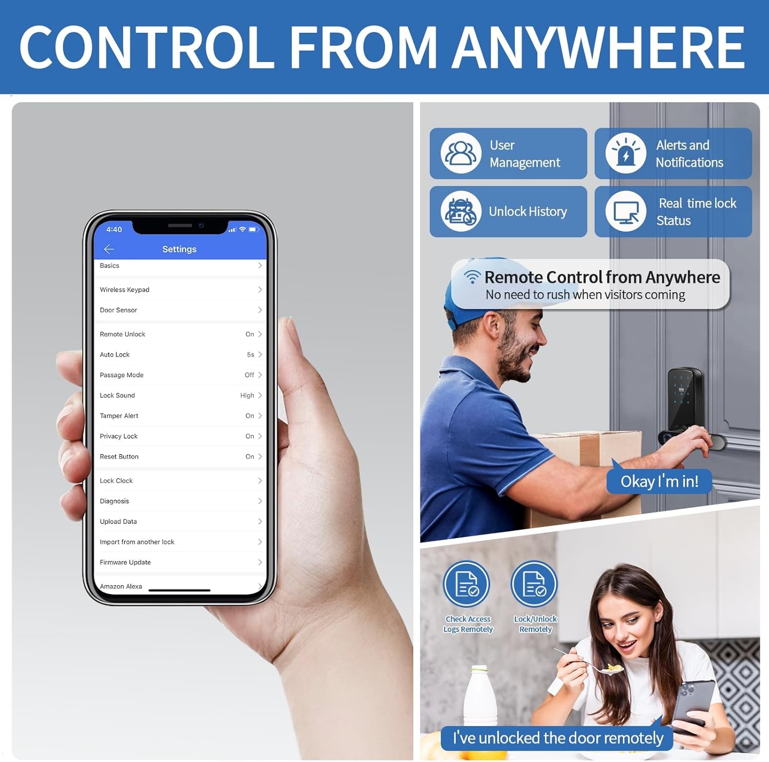 Smart Fingerprint Door Lock,HyBaiS Smartlock Keyless Front Door,Keypad Lock with Handle,Door Lock Code,Digital IC Card Lock,WiFi & APP Control Lock,Biometric Door Lock for Hotel Apartment Rental